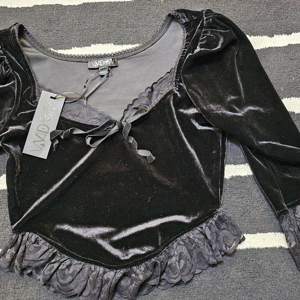 Dolls Kill Widow Dim the Light Velvet Bustier Top with Lace